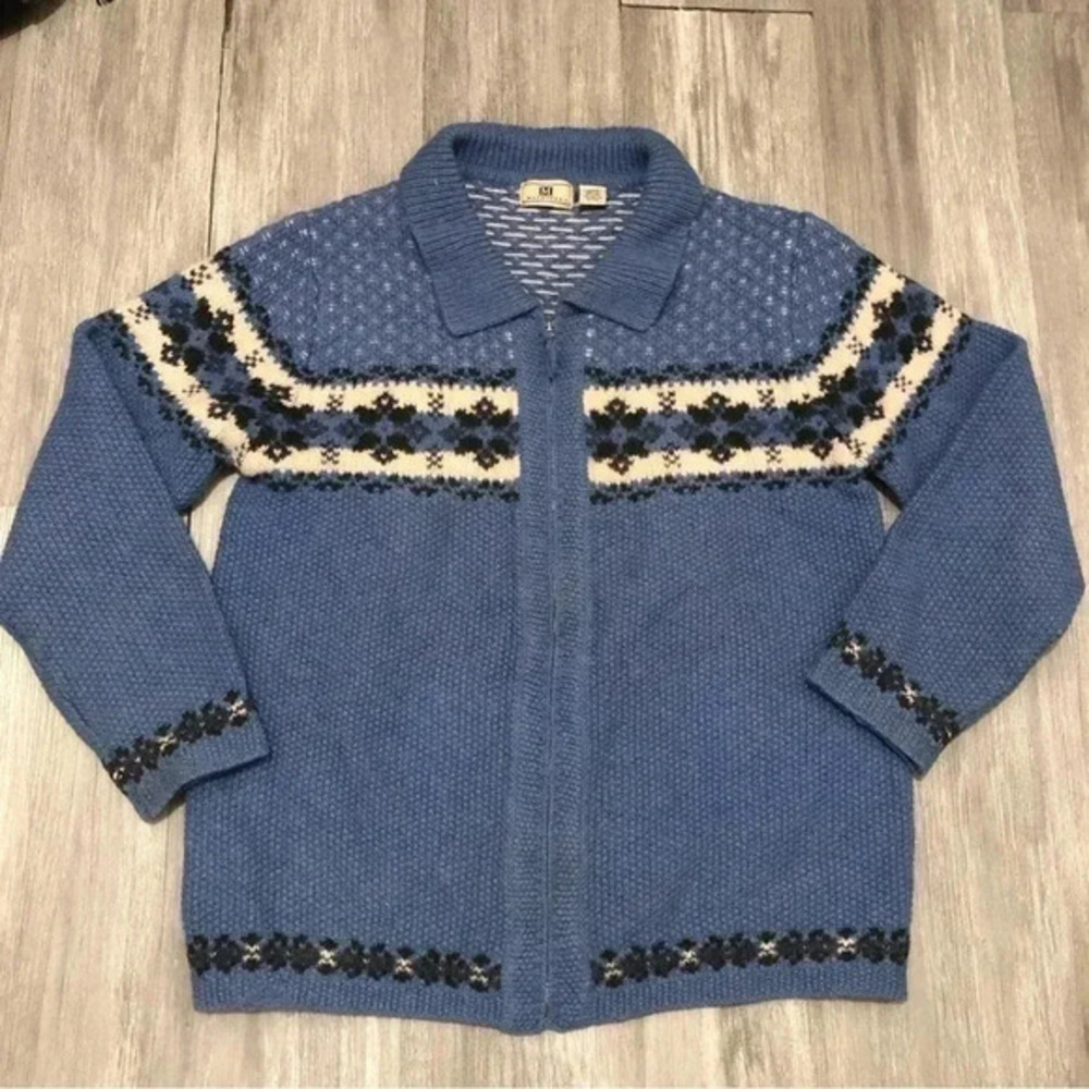 Vintage Maurices Women’s L Cardigan Sweater Blue Shetland %100‎ Wool Full Zip